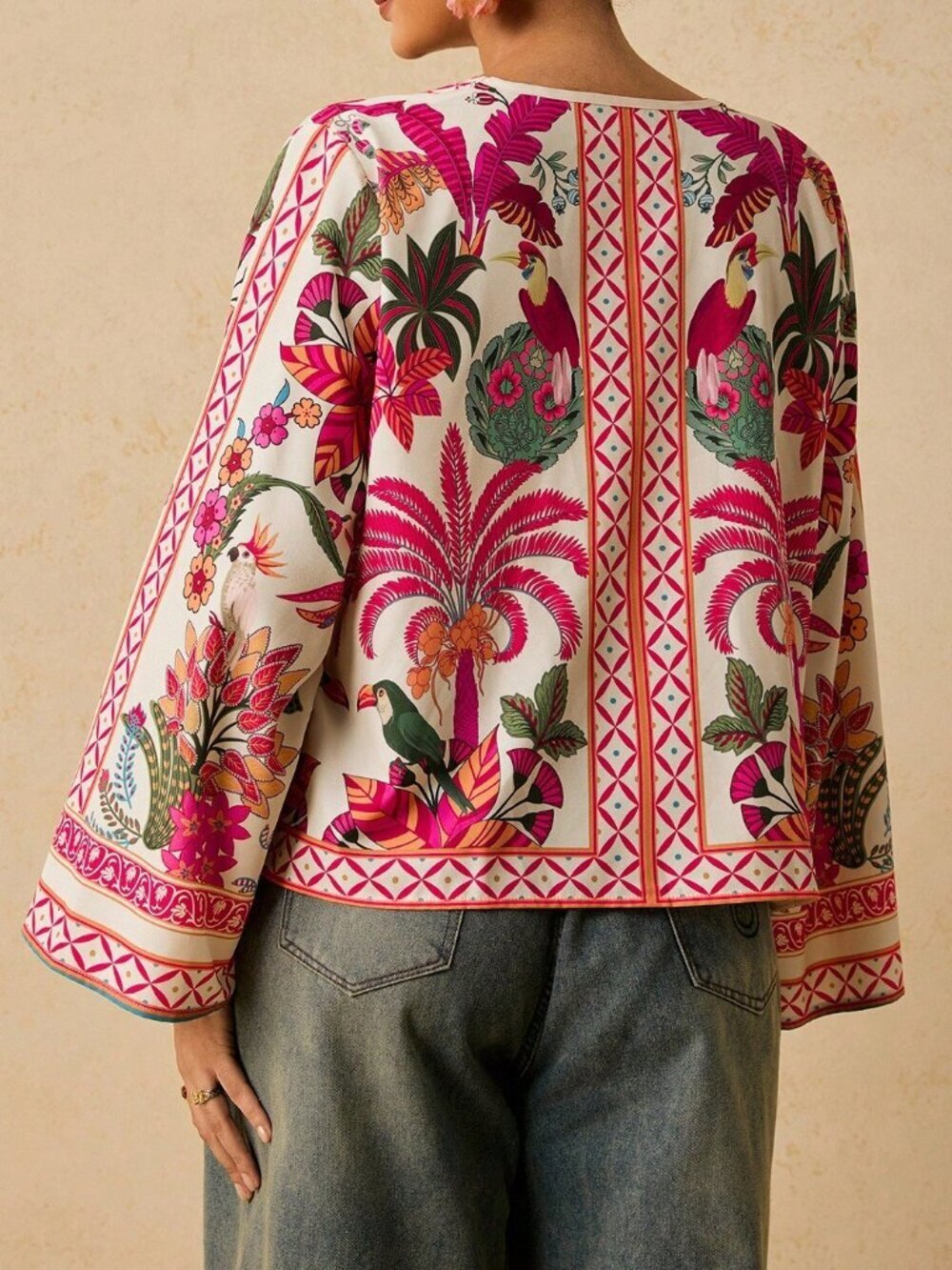 Hot Pink Boho Women's Print Tie Front Casual Plus Size Blouse - Picture 2 of 7